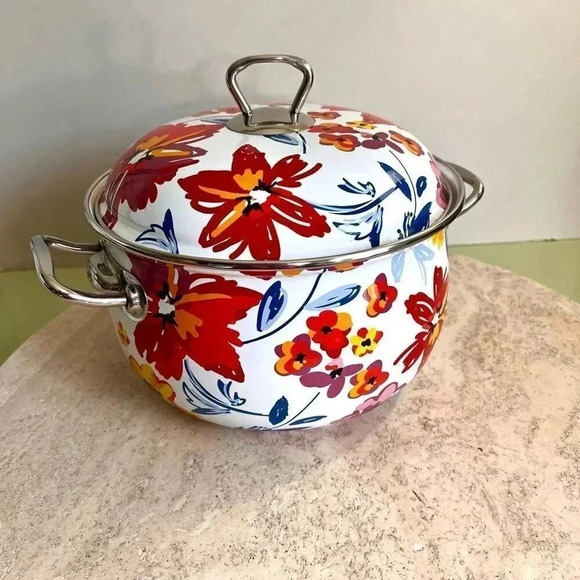 Crofton 4 Quart Floral Casserole Pot with Lid Whote Red Blue 5 x 11 inches - Picture 2 of 12